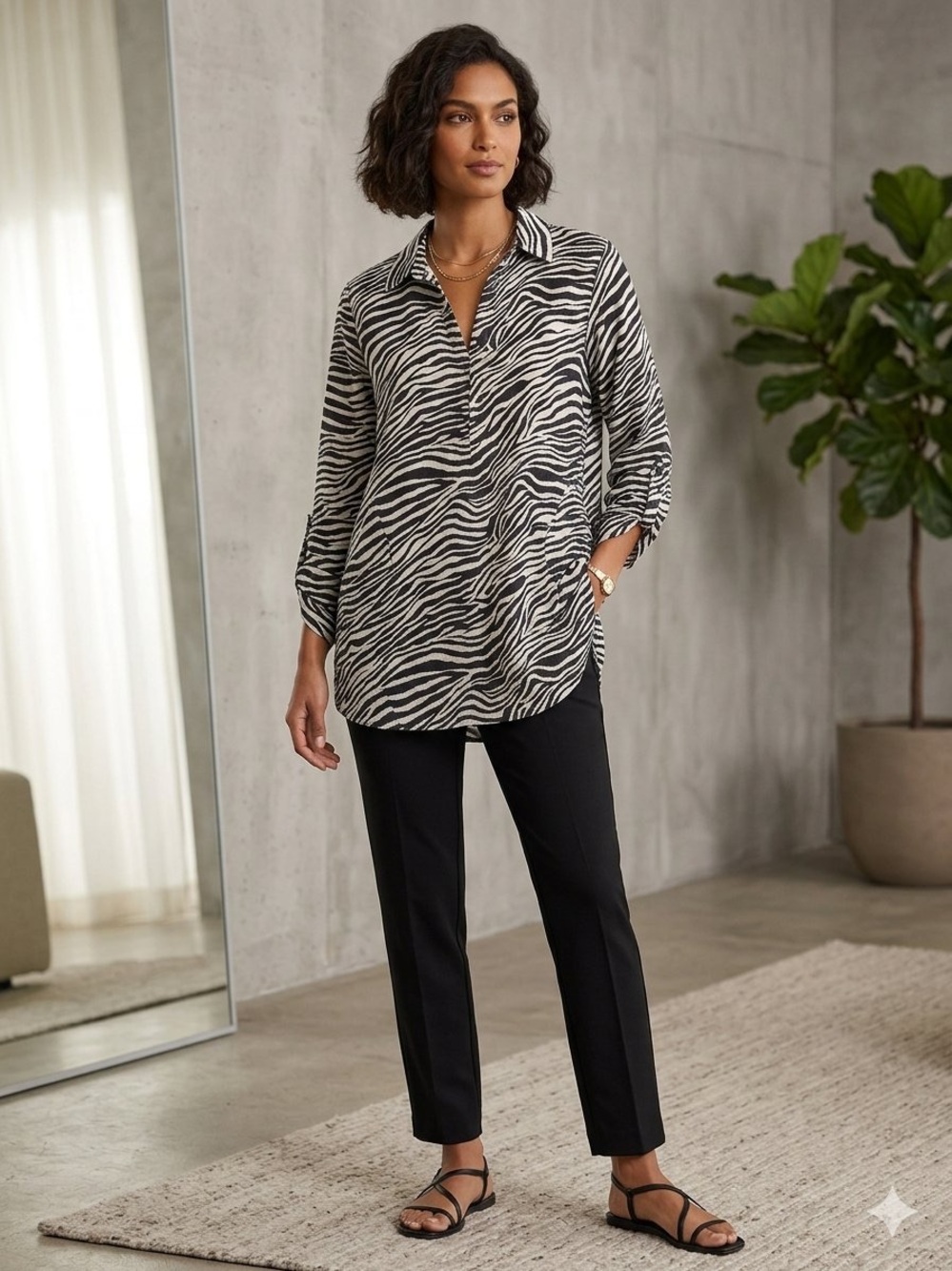 Jones New York Linen Blend tab sleeves button up Top
